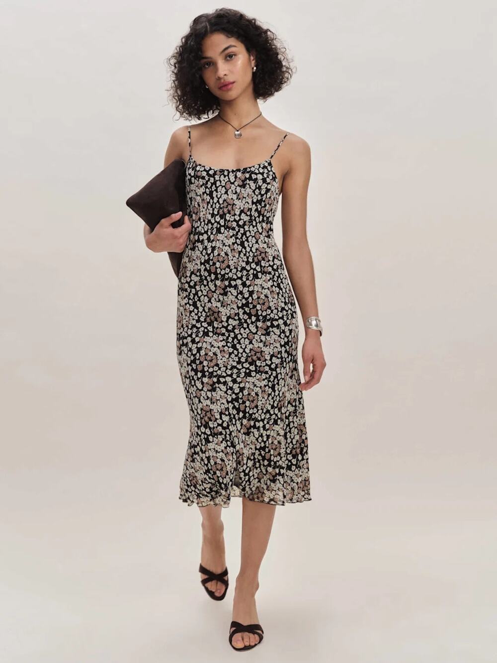 REFORMATION Emerick Floral-Print Midi Slip Dress in Black White Floral